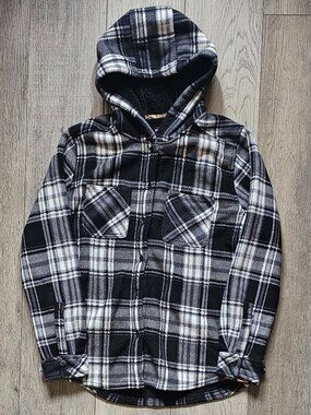 Realtree Fleece Plaid Hooded Jacket Men´s Small Black White Sherpa Lined